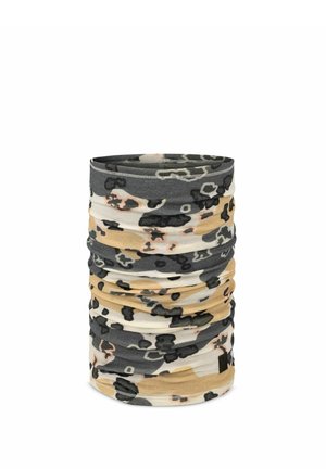 Multifunctional tubular scarf with beige, gray, black, and white abstract camouflage pattern, displayed upright on a white background.