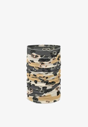 Multifunctional tubular scarf with beige, gray, black, and white abstract camouflage pattern, displayed upright on a white background.