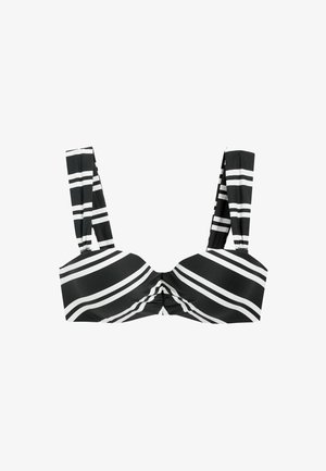 Schwarzes und weißes gestreiftes Bikini-Oberteil mit breiten Trägern, einem gerafften Mittelteil und einer glatten, elastischen Stoffoberfläche.