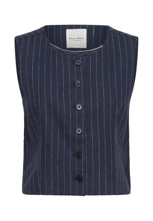 Marineblauw mouwloos vest met verticale witte krijtstrepen, ronde halslijn en zes zwarte knopen aan de voorkant.