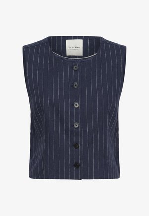 Marineblauw mouwloos vest met verticale witte krijtstrepen, ronde halslijn en zes zwarte knopen aan de voorkant.