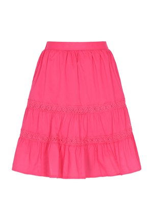 Roze gelaagde rok van lichte stof, met haakwerkdetails op de lagen en een gathered tailleband voor een uitlopende silhoeët.