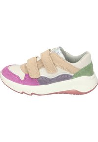 Children's sneakers with a mix of beige, purple, and green suede and textile. Features two Velcro straps and a white sole with a pink accent.