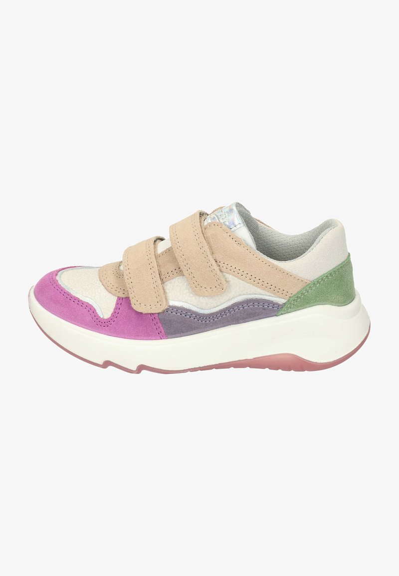Children's sneakers with a mix of beige, purple, and green suede and textile. Features two Velcro straps and a white sole with a pink accent.