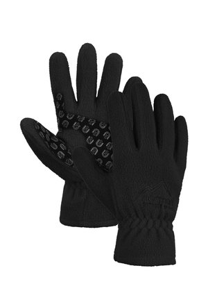 Paar schwarze Fleecehandschuhe mit strukturierten Griffmustern auf den Handinnenflächen und elastischen Handgelenksbändern.