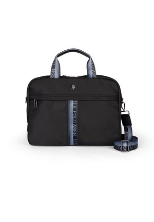 Schwarze Nylon-Laptoptasche mit doppelten Griffen und einem abnehmbaren Schultergurt, der blaue Musterakzente und eine vordere Reißverschlusstasche aufweist.