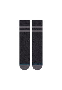 Graue Socken mit einem strukturierten Strickmuster, die zwei horizontale dunkelgraue Streifen nahe der Oberkante und einen kontrastierenden türkisfarbenen Akzent am Bündchen aufweisen.