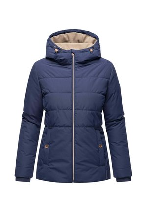 Jachetă pufă de culoare bleumarin, cu interior al glugii de culoare bej, închidere cu fermoar, manșete elastice și buzunare laterale. Prezintă cusături orizontale și accente metalice.