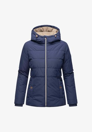 Jachetă pufă de culoare bleumarin, cu interior al glugii de culoare bej, închidere cu fermoar, manșete elastice și buzunare laterale. Prezintă cusături orizontale și accente metalice.