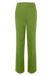 Olivgröna rakbeniga byxor med bälteshällor, framzip och pressveck, uppvisade mot en enkel vit bakgrund.