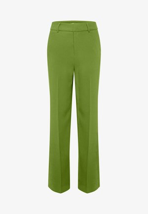 Olive green straight-leg trousers with belt loops, front zip, and pressed creases, displayed against a plain white background.