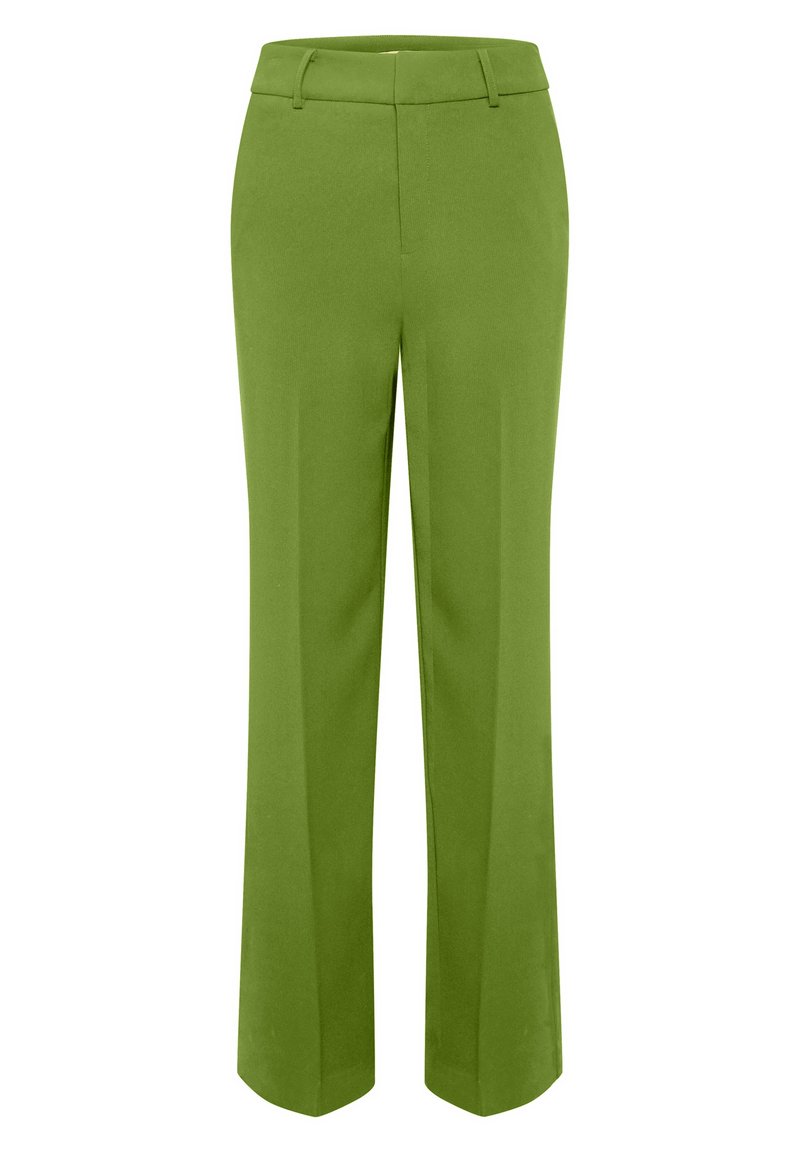 Olivgröna rakbeniga byxor med bälteshällor, framzip och pressveck, uppvisade mot en enkel vit bakgrund.