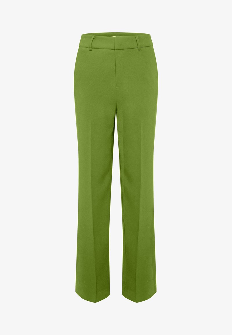 Olivgröna rakbeniga byxor med bälteshällor, framzip och pressveck, uppvisade mot en enkel vit bakgrund.