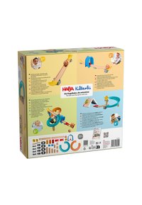Colorful HABA Kugelbahn box with illustrations, features wood and plastic components, includes ramps, balls, and track pieces. Age range: 1-4+.