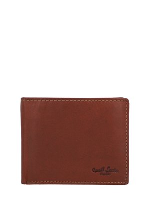 Cartera bifolde de cuero marrón con costuras visibles y logotipo en relieve "Quick Leader Milano" en la esquina inferior derecha.