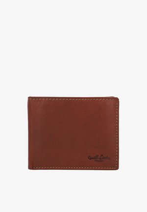 Brun læderbifoldpung med synlige syninger og præget "Quick Leader Milano" logo i nederste højre hjørne.