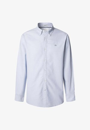 Camicia button-up a maniche lunghe blu chiaro in cotone. Presenta un colletto classico, chiusura con bottoni e un logo ricamato discreto sul petto.