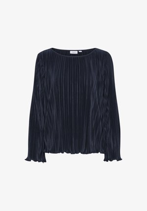 Sininen pitkähihaisen puseron, jossa on poimutettu tekstuuri, pyöreä pääntie ja röyhelökoristeiset hihansuut. Kangas näyttää sileältä ja kevyeltä.