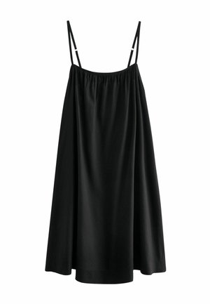 Czarna sukienka midi bez rękawów z regulowanymi cienkimi ramiączkami i luźną, zwiewną sylwetką.