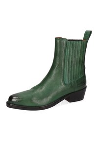 Zielony skórzany botek za kostkę o teksturowanym wykończeniu, z elastycznymi panelami po bokach, spiczastym noskiem i niskim, warstwowym obcasem.