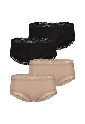 To par sorte og to par beige dame hipster trusser med blonder kant arrangeret på en hvid baggrund.