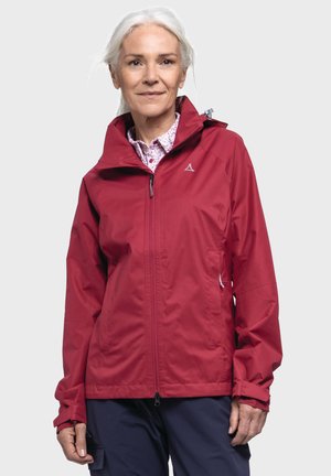 Red waterproof jacket with a hood, front zipper, and adjustable cuffs. Features a logo on the left chest and a smooth, lightweight texture.