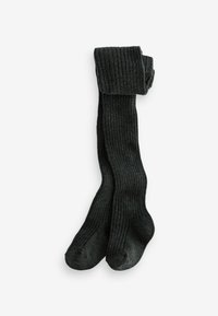 Collants en maille côtelée gris foncé, pliés en haut avec les pieds alignés, présentés sur un fond blanc.