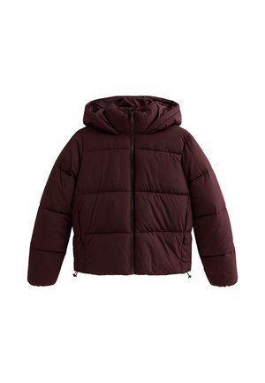 Bordeaux puffer jacket met capuchon, voorzien van een ritssluiting, gestikte textuur en elastische manchetten voor warmte en comfort.