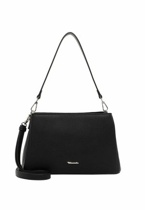 Černá ramenní taška z texturované kůže s odnímatelným popruhem a stříbrnými kovovými doplňky.