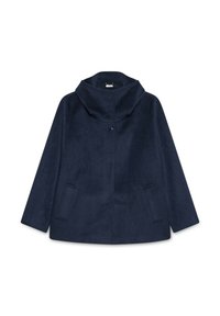 Cappotto in misto lana blu navy con colletto alto, chiusura frontale con bottoni e due tasche laterali. Tessuto morbido e design loose-fit.