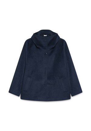 Cappotto in misto lana blu navy con colletto alto, chiusura frontale con bottoni e due tasche laterali. Tessuto morbido e design loose-fit.