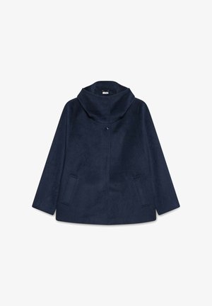 Manteau en mélange de laine bleu marine avec un col montant, fermeture à boutons sur le devant et deux poches latérales. Texture douce et design ample.