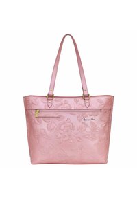 Roze leren tote bag met geëmbossede bloemen- en vlinderpatronen. Voorzien van dubbele schouderbanden en een voorvak met rits en gouden hardware.
