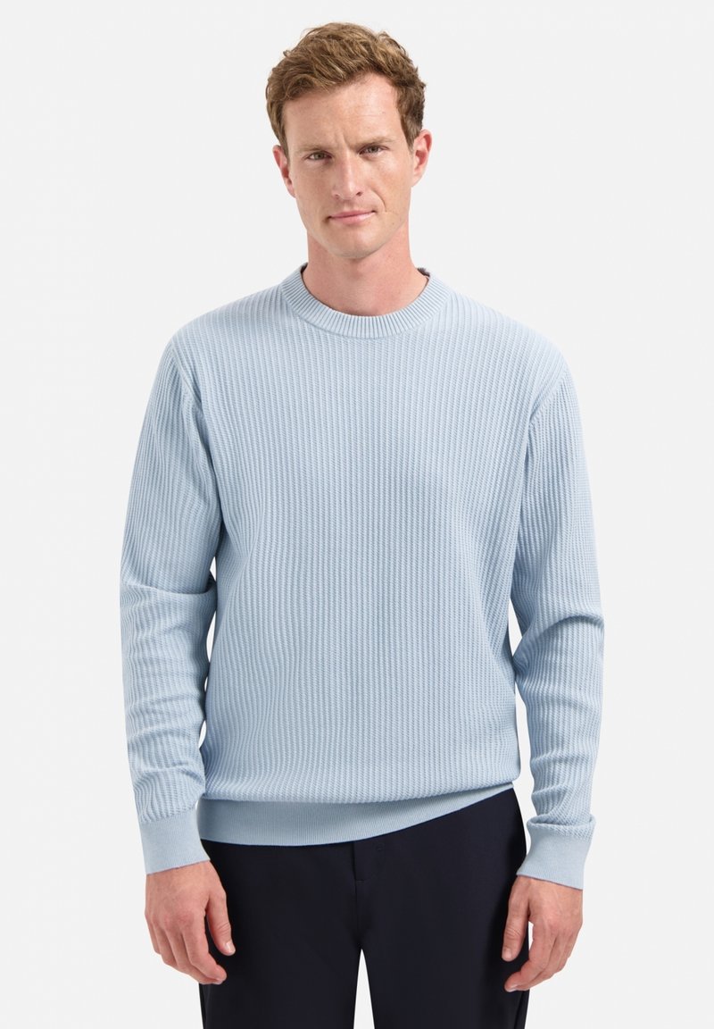 Lichtblauwe geribde trui van textiel met een ronde hals en lange mouwen, gecombineerd met donkere broeken.