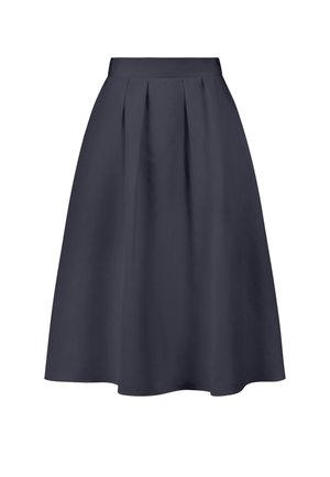 Navy blue A-line skirt made of smooth fabric, featuring pleats at the waistband and a full hemline for a flowing silhouette.