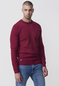 Roter Strickpullover mit einem strukturierten Muster, Rundhalsausschnitt und gerippten Bündchen. Kombiniert mit blauen Jeans, die eine taillierte Passform zeigen.