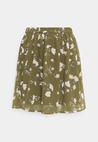 Jupe vert olive avec taille élastique, présentant un design plissé et un motif floral blanc et gris.