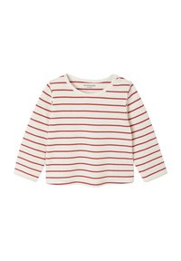 Langarmshirt aus cremefarbigem Baumwollstoff mit schmalen roten Streifen; verfügt über einen runden Halsausschnitt und eine Knopfdetaillierung an der Schulter.