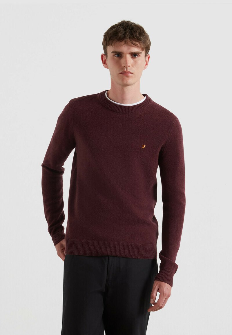 Giovane uomo che indossa un maglione girocollo bordeaux con un piccolo emblema giallo, in piedi contro uno sfondo chiaro e semplice.