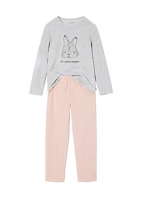Gray long-sleeve top featuring a rabbit graphic with text "MY LITTLE RABBIT," paired with light pink elastic-waist pants. Soft fabric.