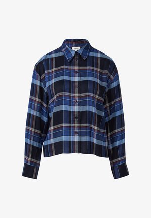 Puuvillane ruuduline särk, millel on tumesinine, helesinine ja burgundia värvi triibud, pikad varrukad, krae ja eesmine nupulukk.