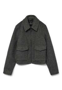 Grijze jas van een wolmix met een cropped ontwerp, ritssluiting aan de voorkant, puntige kraag en twee grote voorzakken. Gestructureerde stof.