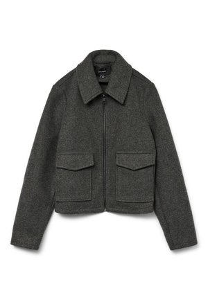 Graue Jacke aus Wollmischung mit kurzem Schnitt, Reißverschluss vorne, spitzem Kragen und zwei großen Fronttaschen. Strukturierter Stoff.