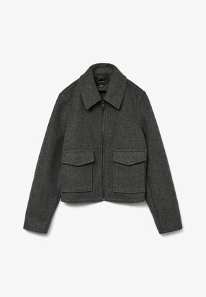 Graue Jacke aus Wollmischung mit kurzem Schnitt, Reißverschluss vorne, spitzem Kragen und zwei großen Fronttaschen. Strukturierter Stoff.