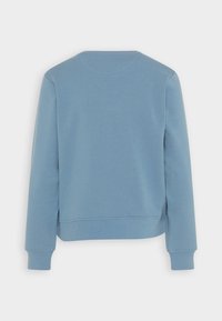 Felpa blu con una texture liscia, scollatura rotonda e polsini a costine. Il retro presenta un design semplice e pulito, senza motivi.