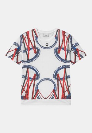 White cotton t-shirt featuring a graphic print of red roller coaster structures and blue tracks in a symmetrical design.