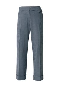 Pantaloni a scacchi blu e bianchi, con una vestibilità sartoriale, orli cuciti, fronte piatto e tasche laterali. Presentano una chiusura con bottone e zip.