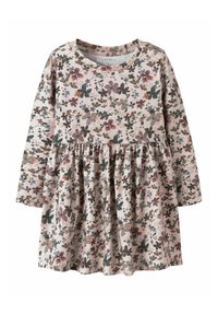 Pikkade varrukatega kleit pehmest kangast, millel on roosa taust ja mitmevärviline lillemustr. Kogutud vöökoht ja ümar kaelus.