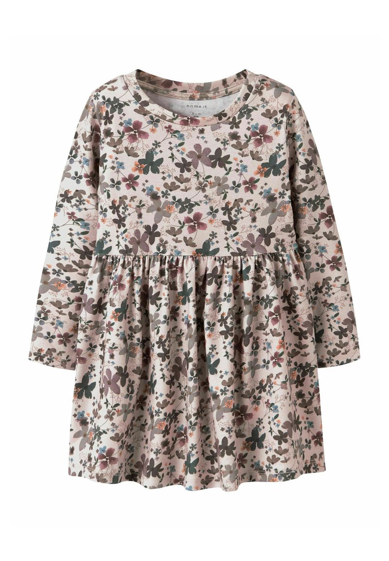 Pikkade varrukatega kleit pehmest kangast, millel on roosa taust ja mitmevärviline lillemustr. Kogutud vöökoht ja ümar kaelus.