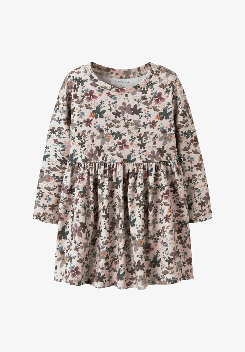 Pikkade varrukatega kleit pehmest kangast, millel on roosa taust ja mitmevärviline lillemustr. Kogutud vöökoht ja ümar kaelus.